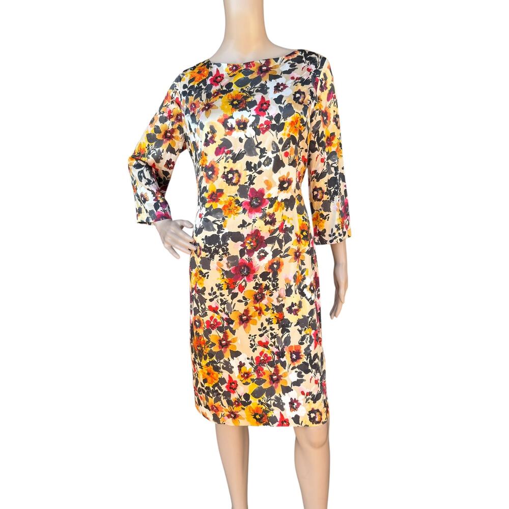 St. John Collection Size 8 Silk Floral Print Sheath Dress Boat Neck 3/4 Sleeve